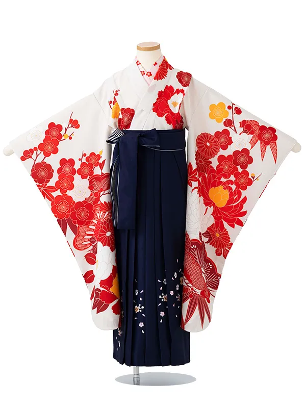 女児卒園袴【刺繍袴】ぼたんに竹　オフ