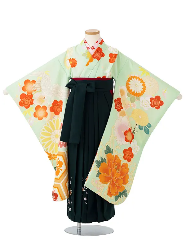 女児卒園袴【刺繍袴】ぼたんに亀甲　グリーン