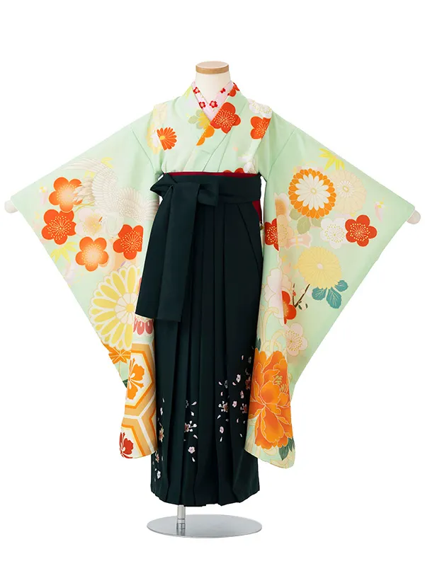 女児卒園袴【刺繍袴】ぼたんに亀甲　グリーン