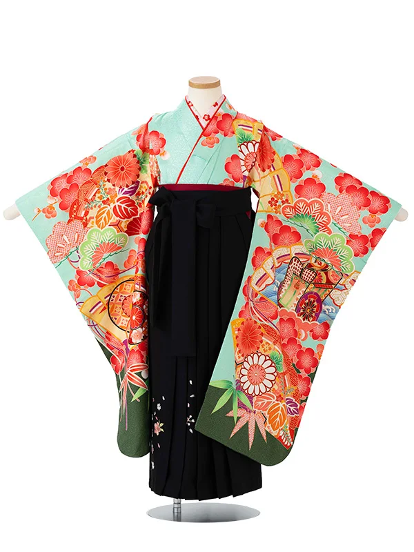 女児卒園袴【刺繍袴】御所車に扇面　エメラルドグリーン