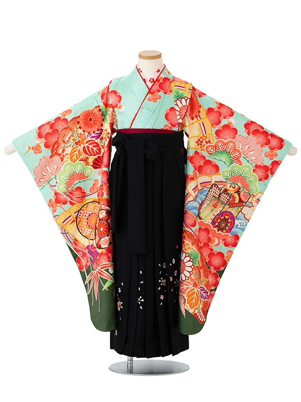 女児卒園袴【刺繍袴】御所車に扇面　エメラルドグリーン