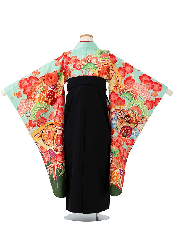 女児卒園袴【刺繍袴】御所車に扇面　エメラルドグリーン