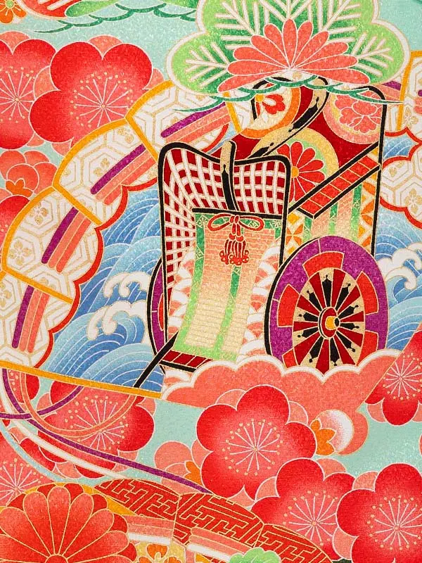 女児卒園袴【刺繍袴】御所車に扇面　エメラルドグリーン