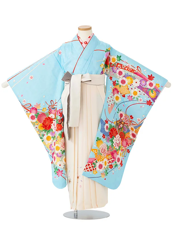 女児卒園袴【刺繍袴】御所車にテープ　ブルー