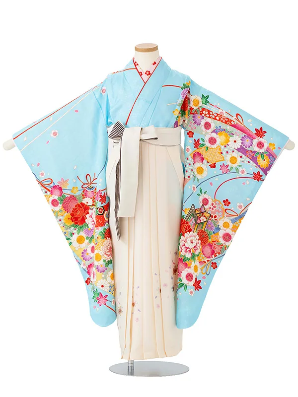 女児卒園袴【刺繍袴】御所車にテープ　ブルー