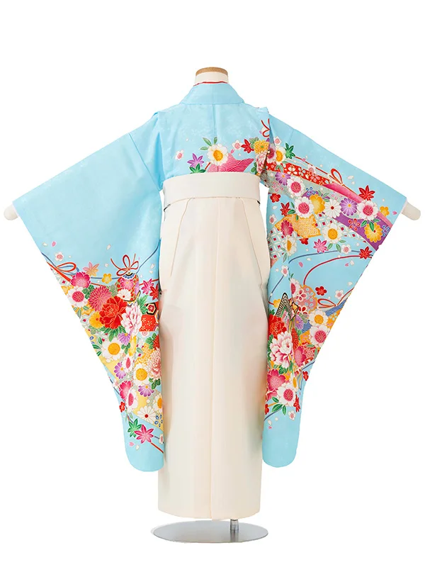 女児卒園袴【刺繍袴】御所車にテープ　ブルー