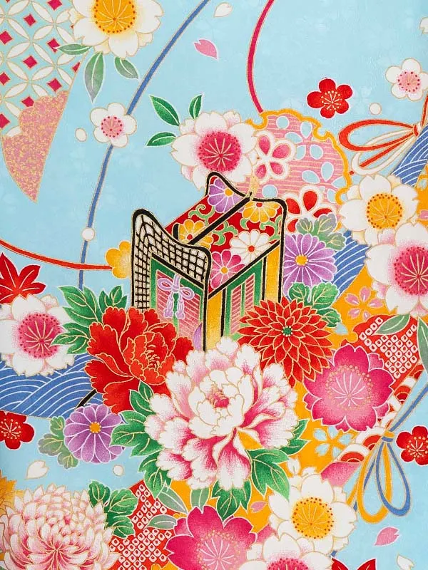 女児卒園袴【刺繍袴】御所車にテープ　ブルー