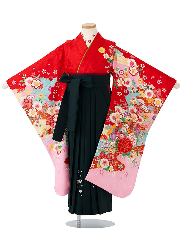 女児卒園袴【刺繍袴】鼓に染め分け　ピンク・赤