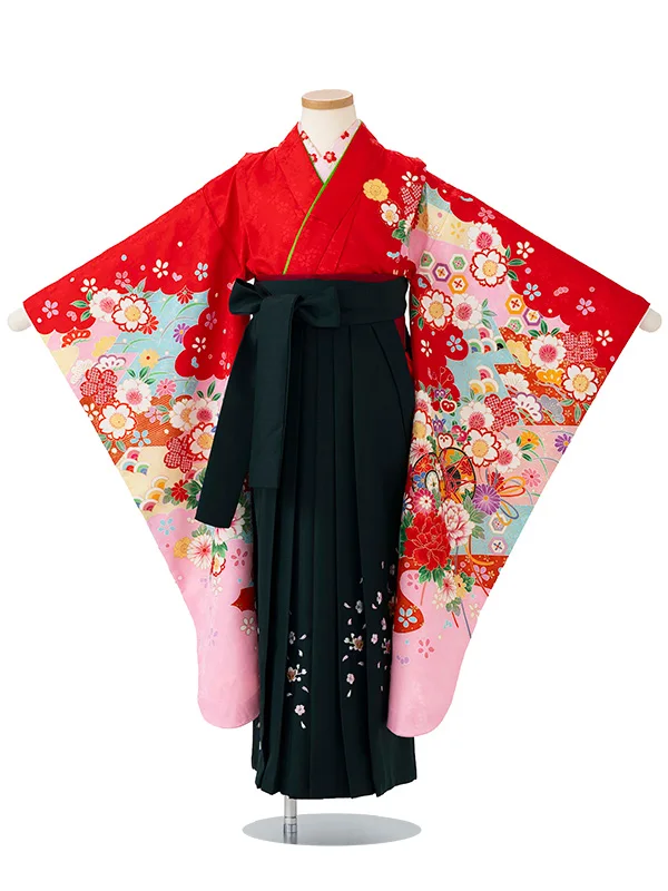 女児卒園袴【刺繍袴】鼓に染め分け　ピンク・赤