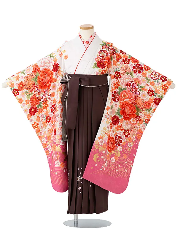 女児卒園袴【刺繍袴】ぼたんに乱菊　白・ピンク