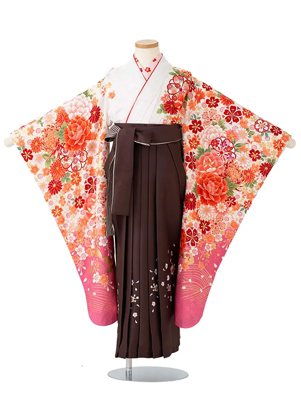 女児卒園袴【刺繍袴】ぼたんに乱菊　白・ピンク