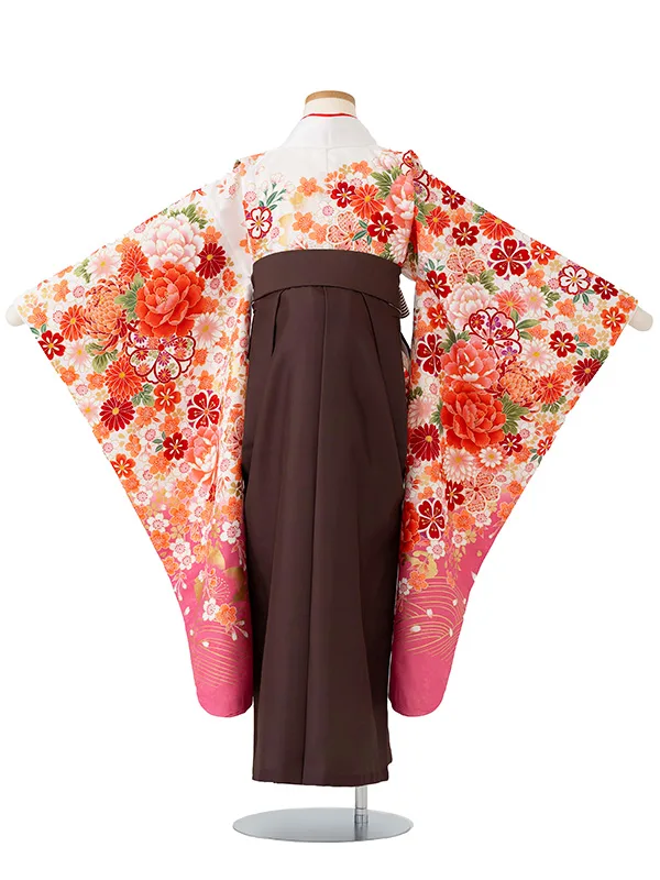 女児卒園袴【刺繍袴】ぼたんに乱菊　白・ピンク