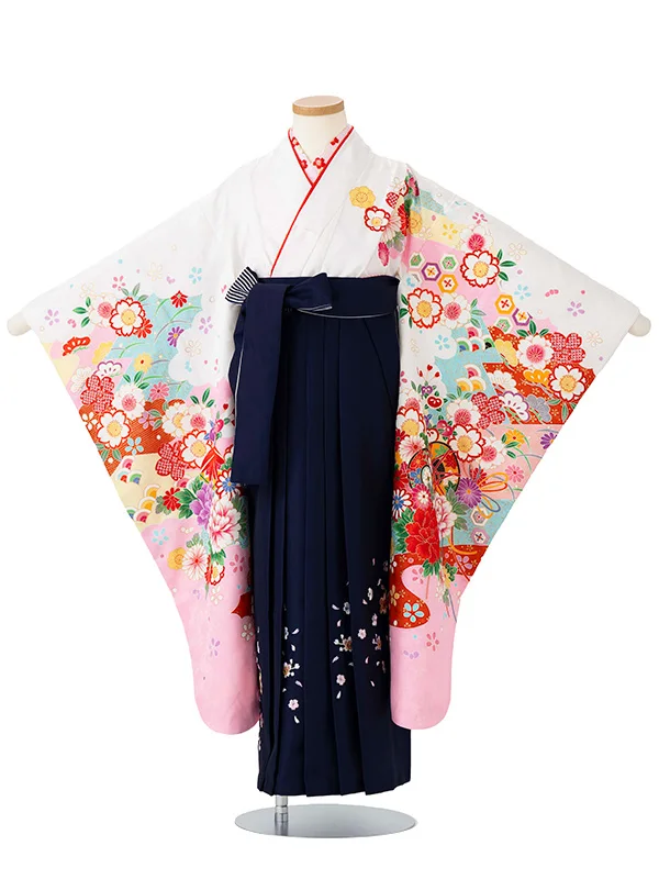 女児卒園袴【刺繍袴】鼓に染め分け　白・ピンク