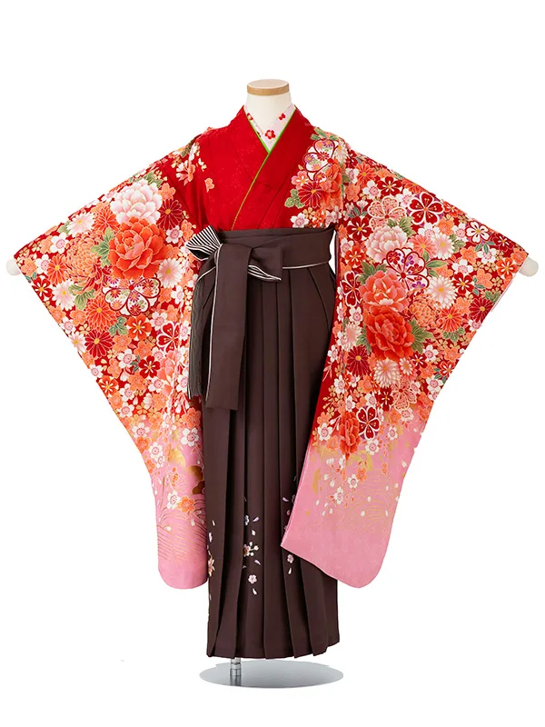 女児卒園袴【刺繍袴】ぼたんに乱菊　赤ピンク