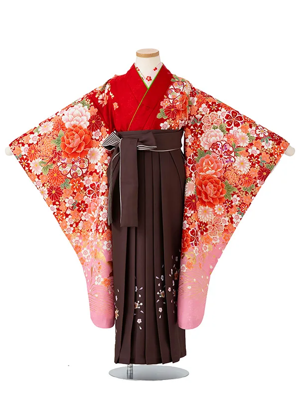 女児卒園袴【刺繍袴】ぼたんに乱菊　赤ピンク