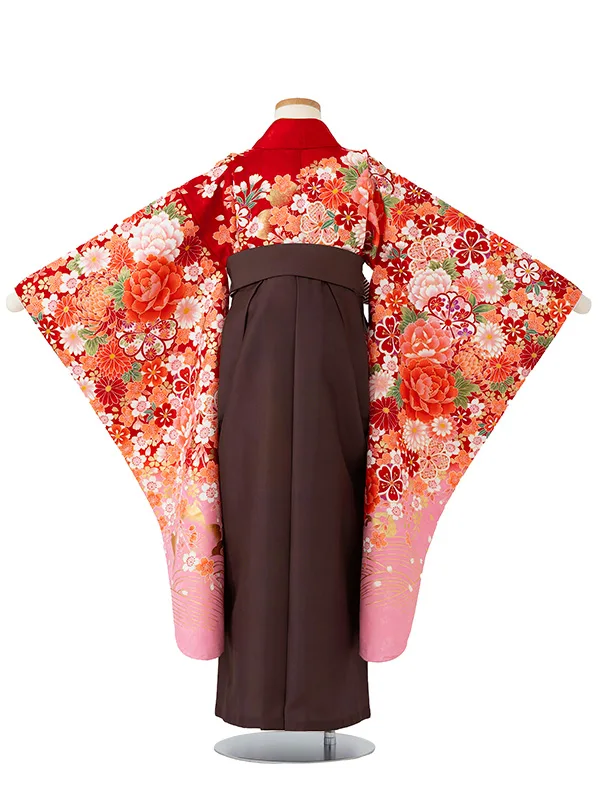 女児卒園袴【刺繍袴】ぼたんに乱菊　赤ピンク