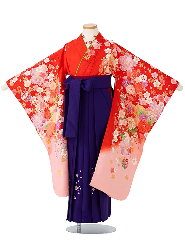 女児卒園袴【刺繍袴】まりに桜疋田　赤ピンク