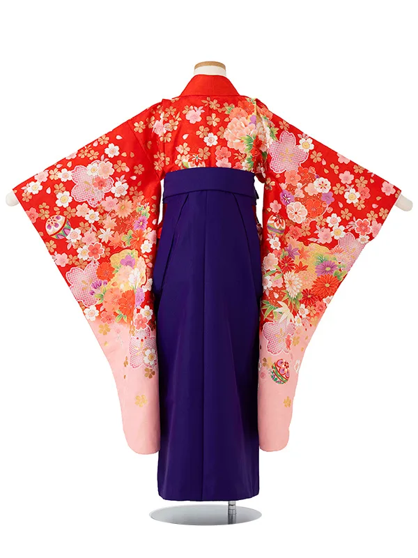 女児卒園袴【刺繍袴】まりに桜疋田　赤ピンク