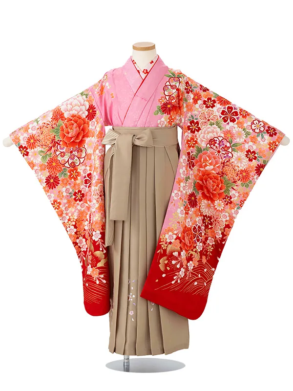 女児卒園袴【刺繍袴】ぼたんに乱菊　ピンク赤