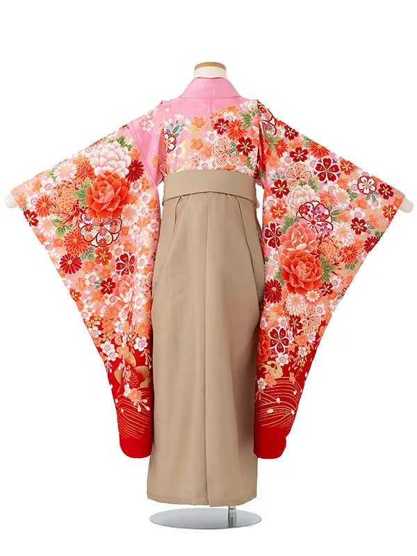 女児卒園袴【刺繍袴】ぼたんに乱菊　ピンク赤