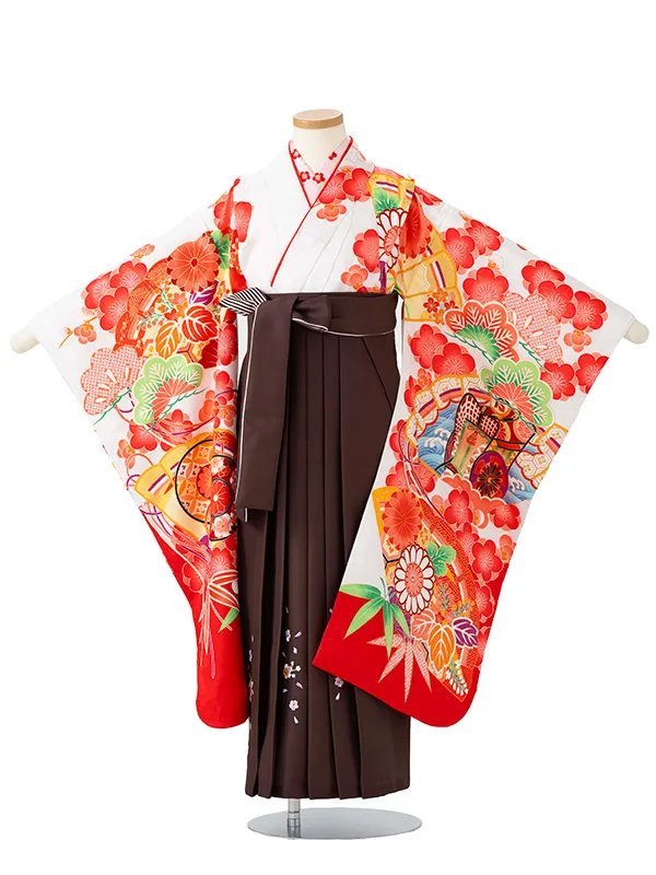 女児卒園袴【刺繍袴】御所車に扇面　白赤