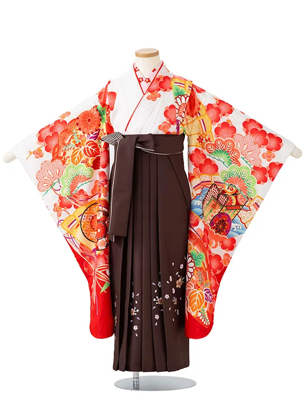 女児卒園袴【刺繍袴】御所車に扇面　白赤