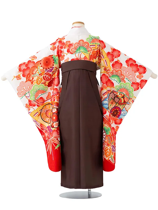 女児卒園袴【刺繍袴】御所車に扇面　白赤