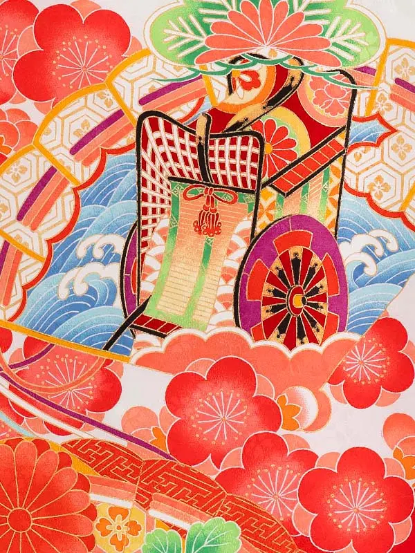 女児卒園袴【刺繍袴】御所車に扇面　白赤