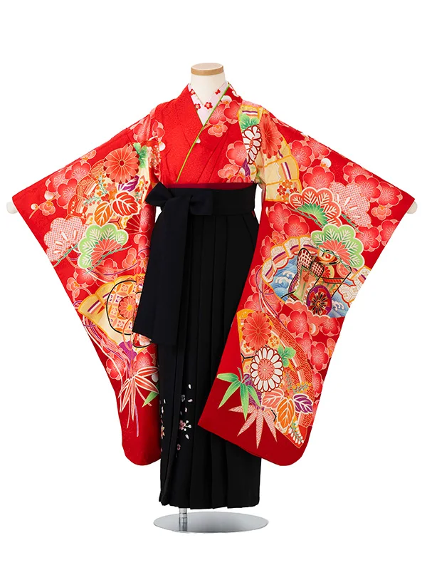 女児卒園袴【刺繍袴】御所車に扇面　赤