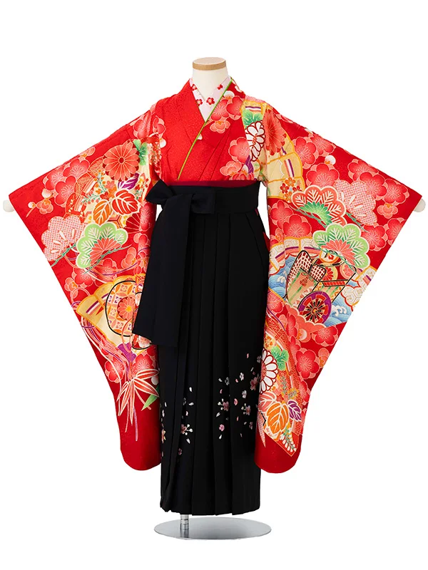 女児卒園袴【刺繍袴】御所車に扇面　赤