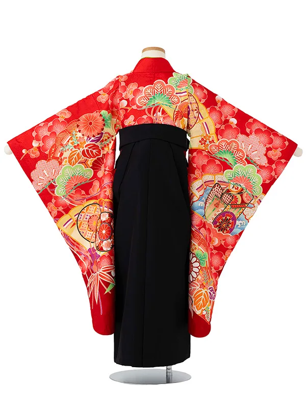 女児卒園袴【刺繍袴】御所車に扇面　赤