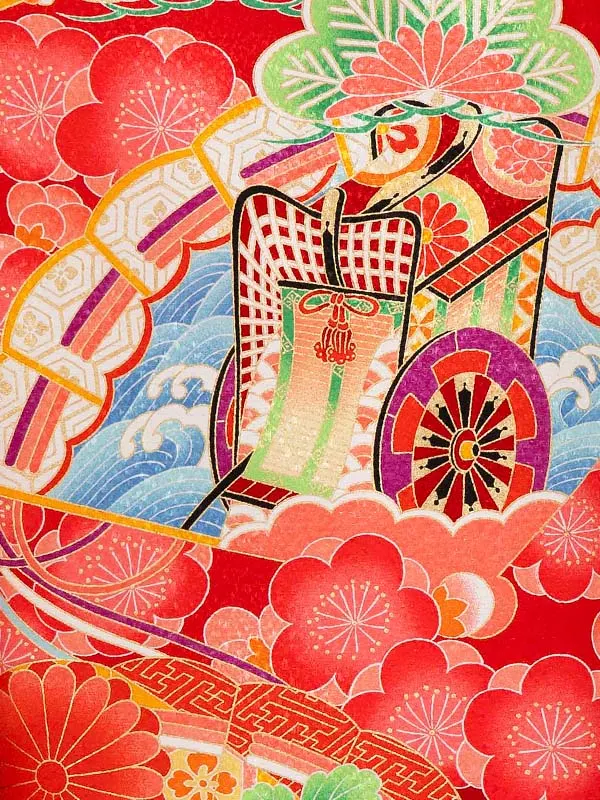 女児卒園袴【刺繍袴】御所車に扇面　赤