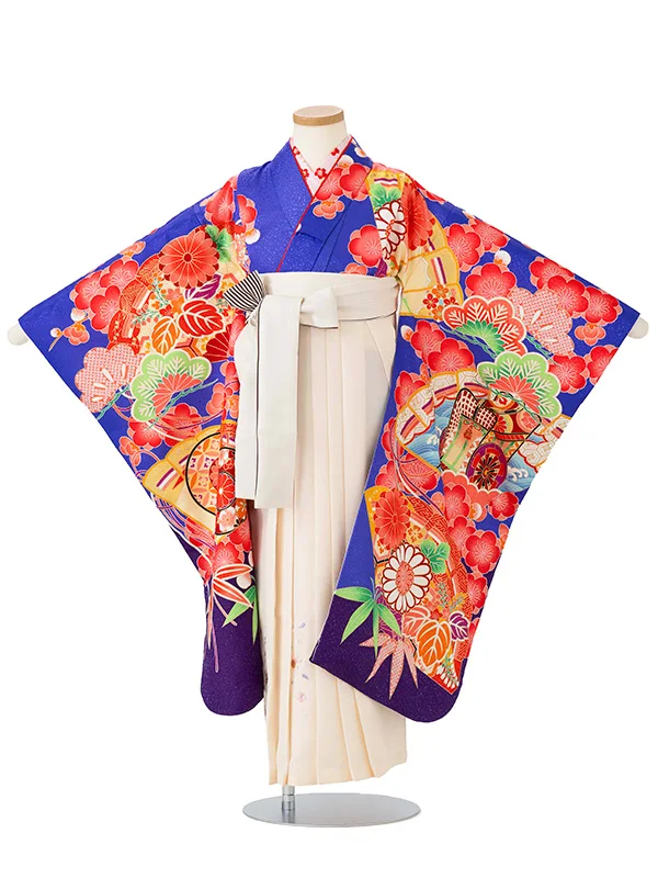 女児卒園袴【刺繍袴】御所車に扇面　紺