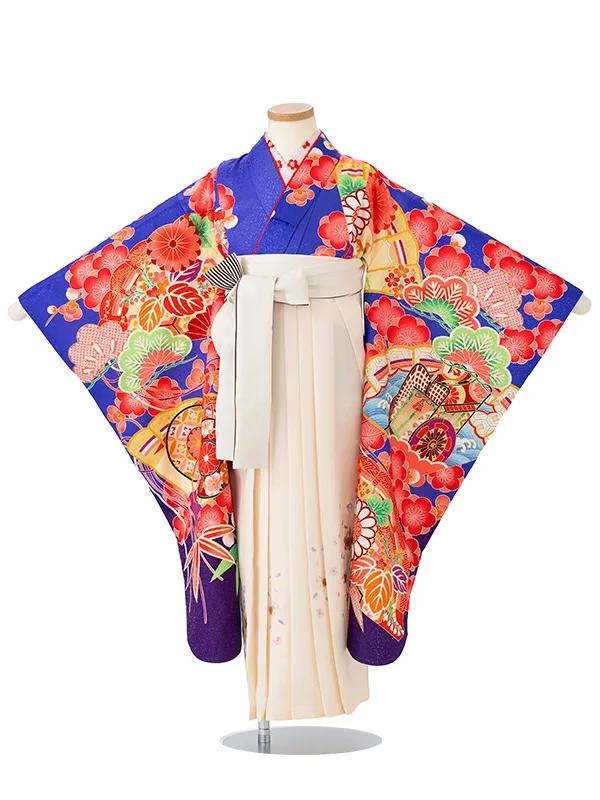 女児卒園袴【刺繍袴】御所車に扇面　紺