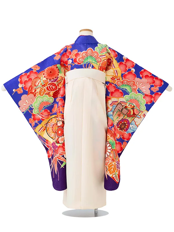 女児卒園袴【刺繍袴】御所車に扇面　紺