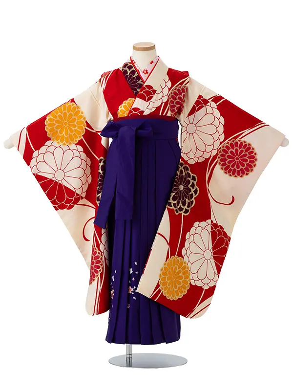 女児卒園袴【刺繍袴】菊に染分け　赤クリーム