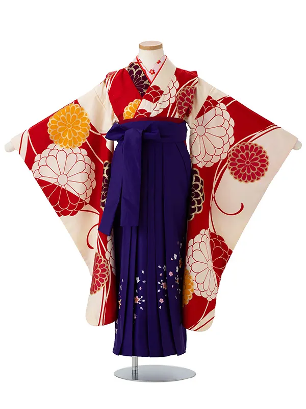 女児卒園袴【刺繍袴】菊に染分け　赤クリーム