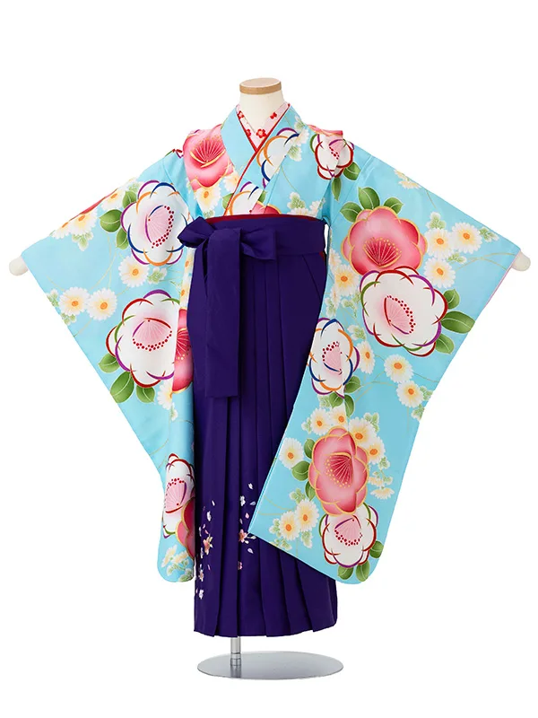 女児卒園袴【刺繍袴】椿　ブルー