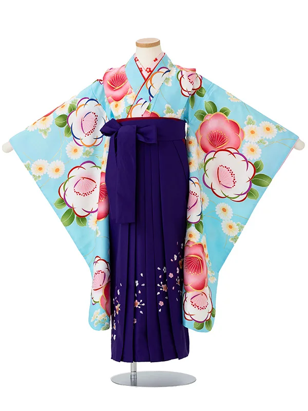 女児卒園袴【刺繍袴】椿　ブルー