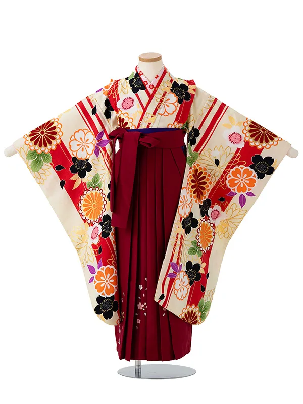 女児卒園袴【刺繍袴】ストライプ　赤クリーム