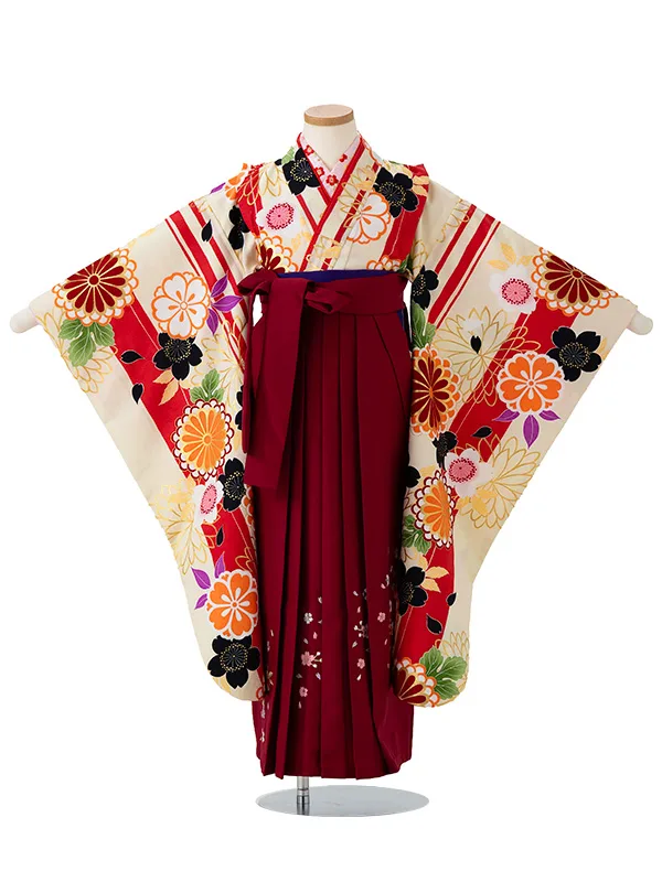 女児卒園袴【刺繍袴】ストライプ　赤クリーム