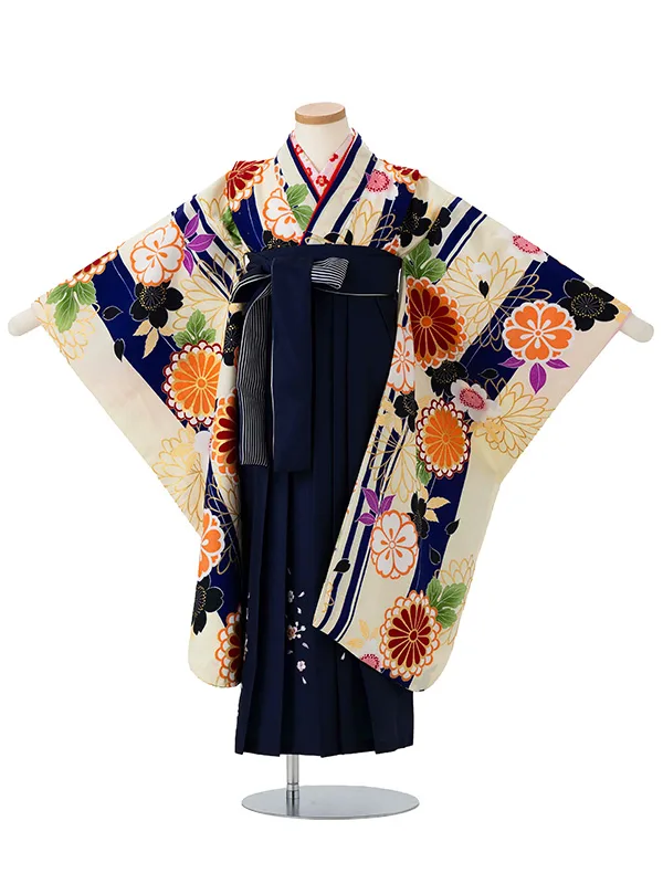 女児卒園袴【刺繍袴】ストライプ　紺クリーム