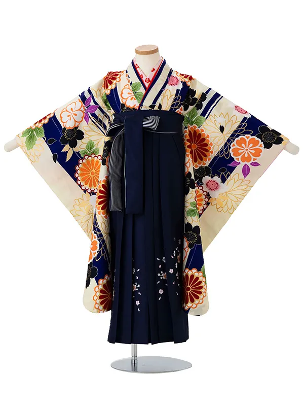 女児卒園袴【刺繍袴】ストライプ　紺クリーム