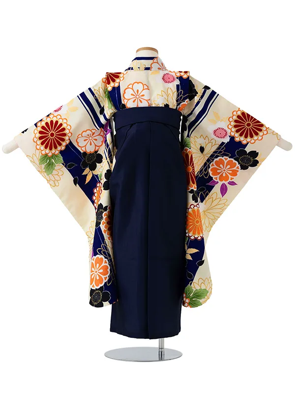 女児卒園袴【刺繍袴】ストライプ　紺クリーム