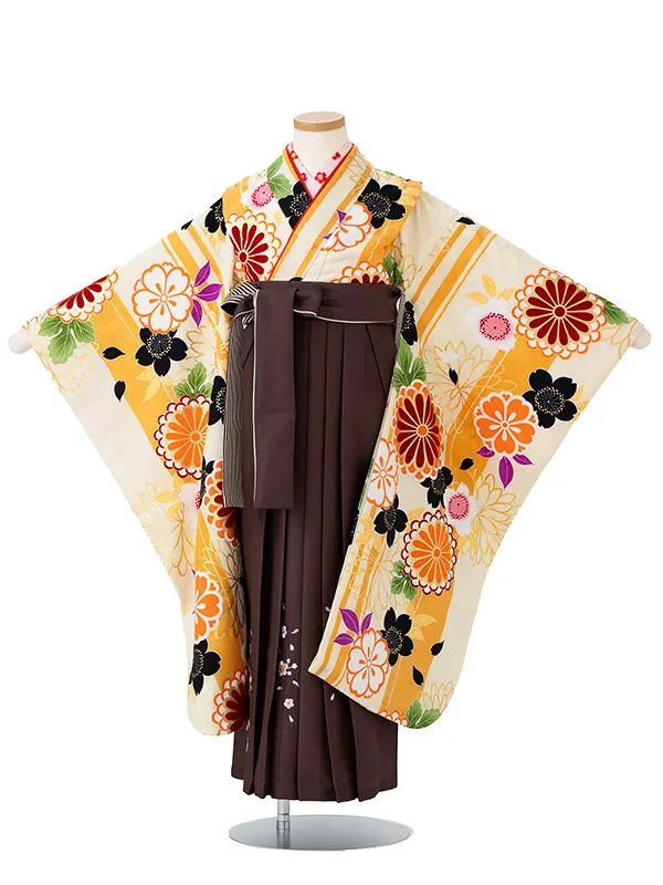 女児卒園袴【刺繍袴】ストライプ　黄クリーム