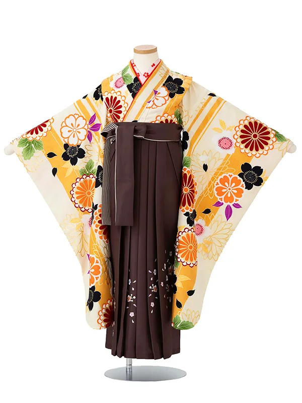 女児卒園袴【刺繍袴】ストライプ　黄クリーム