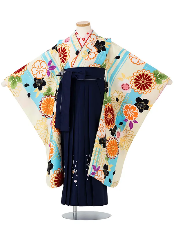 女児卒園袴【刺繍袴】ストライプ　ブルークリーム