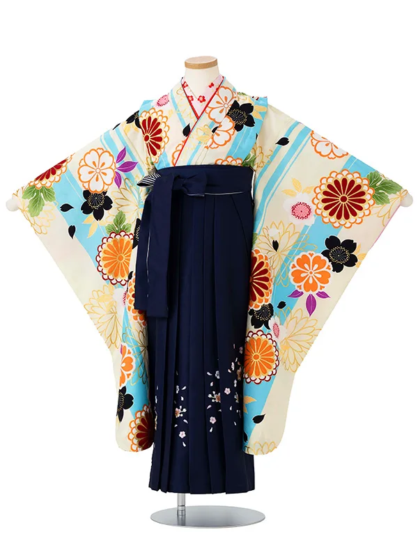 女児卒園袴【刺繍袴】ストライプ　ブルークリーム