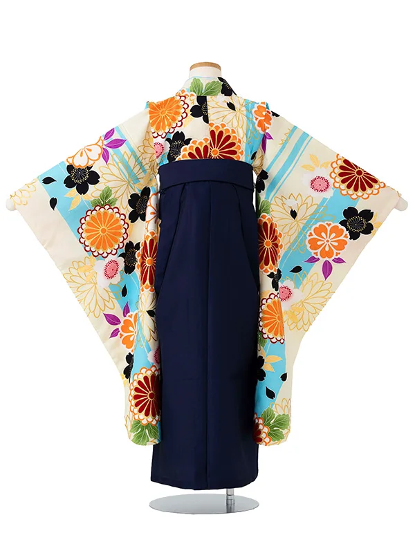 女児卒園袴【刺繍袴】ストライプ　ブルークリーム