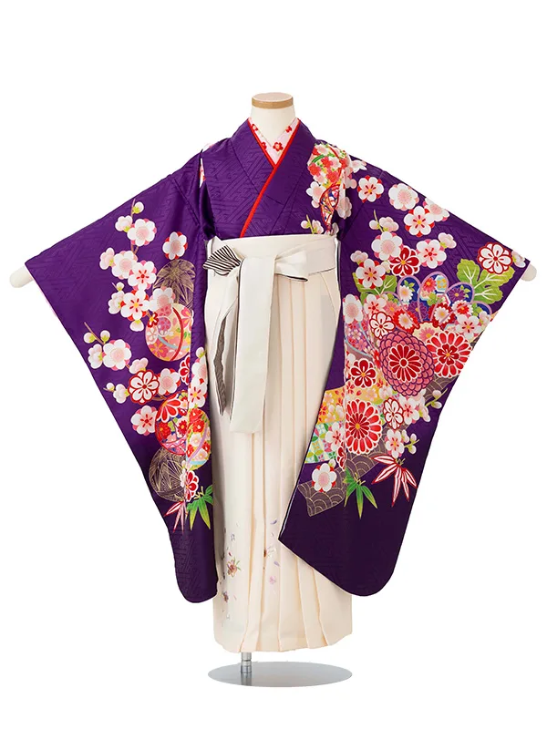 女児卒園袴【刺繍袴】まりに梅　パープル